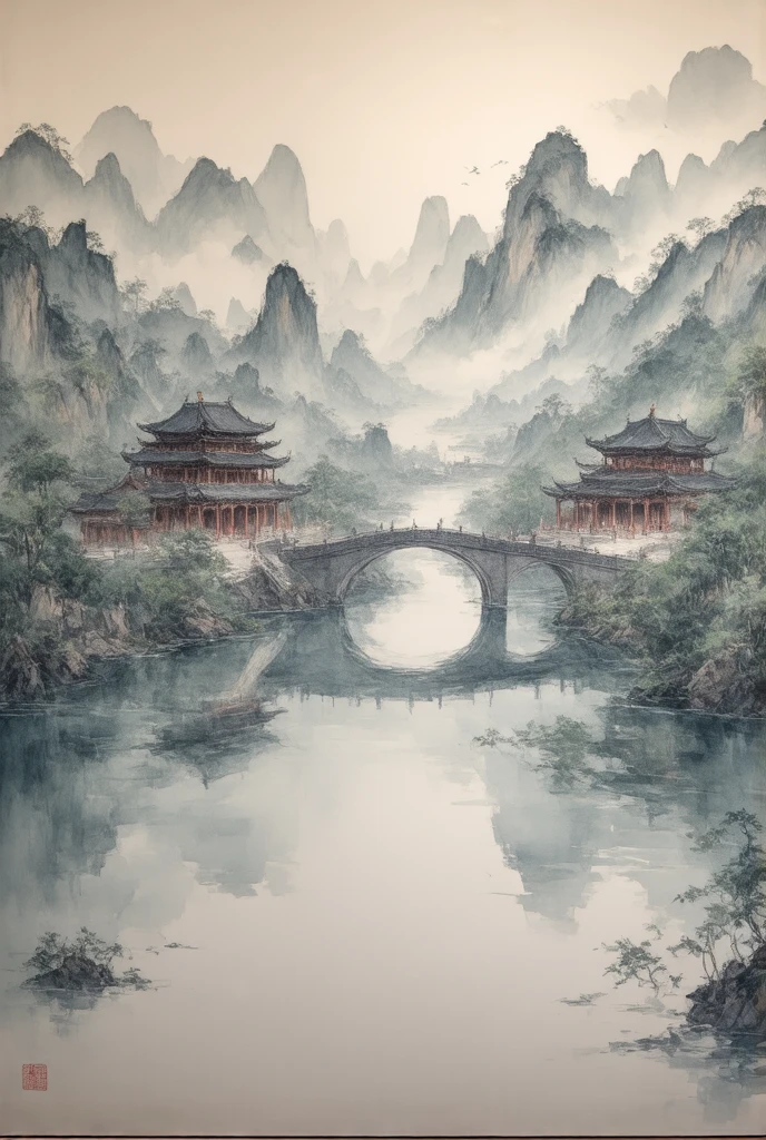 ((City Reflected on Water ))Ancient China,(masterpiece:1.2),超 HD ,  Pay attention to details ,   high quality  ,  HD , 最  high quality  , 4K, 8K、 Landscape Painting