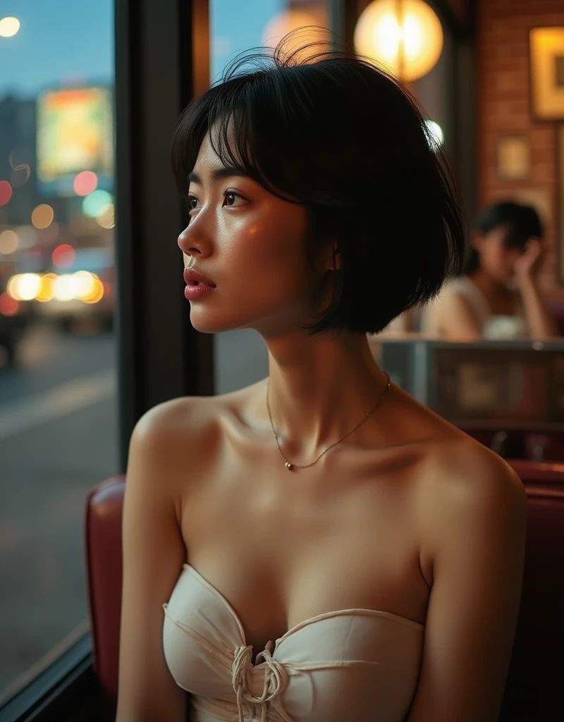 Close-up portrait of a 24 year old Asian woman, sitting facing the window at a window seat in a cafe with a 70s interior in New York. She is wearing a cropped denim jacket and a white tube top that accentuates her cleavage. She has pale, natural skin with no makeup, her pores and skin texture are clearly visible and in focus. She has a firm, flat stomach with prominent muscle grooves, very large breasts with short, messy black hair, and a shiny, fresh, almond-shaped chest, looking out at the street through a glass window. The retro lighting and the woman's figure are reflected in the glass, and the evening view of New York city is blurred in the distance.