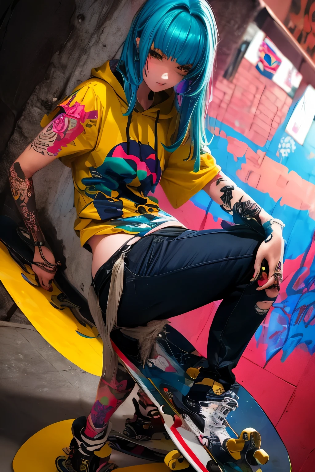 The most beautiful and sexy skateboard girl, rainbow colored hair, yellow eyes, wearing hoodie, graphic t-shirt, torn skinny jeans and highly detailed skateboard gear, tons of tattoos and piercings, highly detailed background, perfect masterpiece, high quality, high resolution