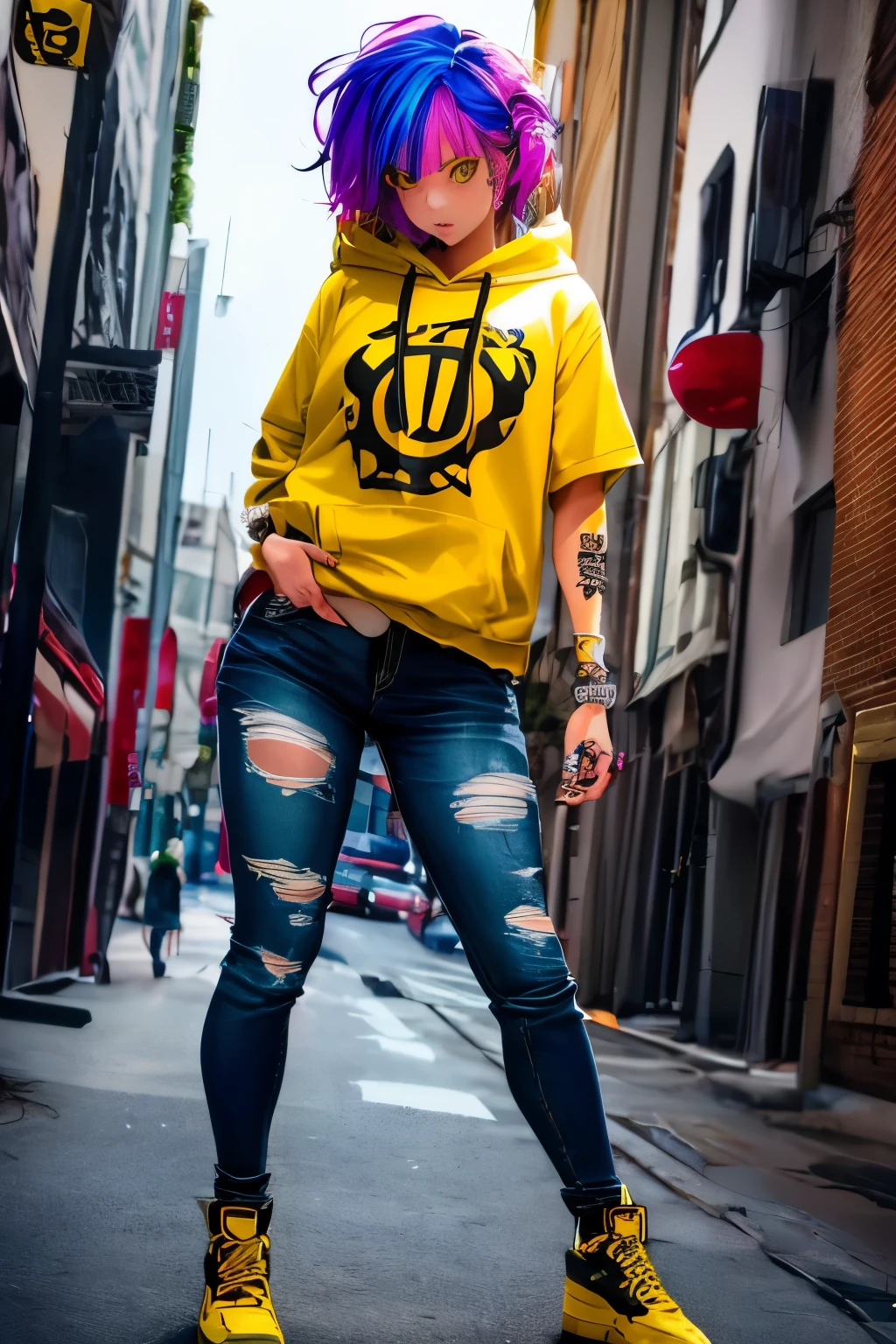 The most beautiful and sexy skateboard girl, rainbow colored hair, yellow eyes, wearing hoodie, graphic t-shirt, torn skinny jeans and highly detailed skateboard gear, tons of tattoos and piercings, highly detailed background, perfect masterpiece, high quality, high resolution