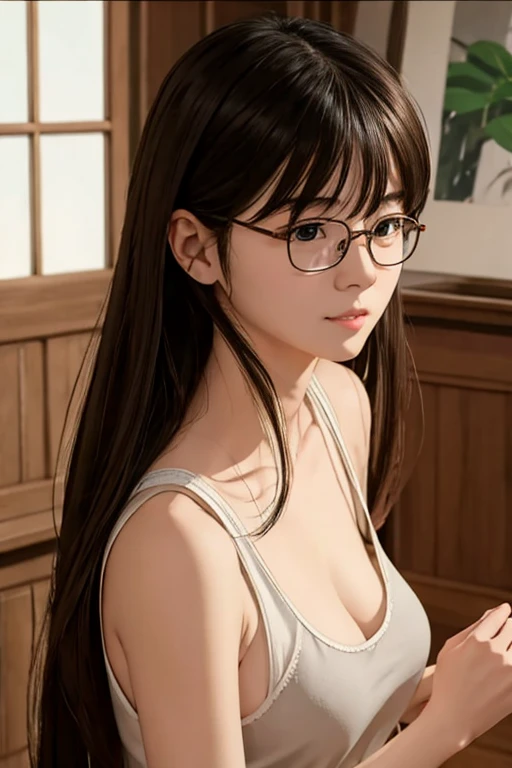 (( best quality)), ((傑 best quality、masterpiece、High sensitivity、 high definition 、 Details、 Delicate Facial Description)), Slender woman、Glasses、Shirtless、Hide your boobs with your hands、 Blake's Movie Scene 、Looking down、