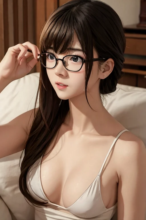 (( best quality)), ((傑 best quality、masterpiece、High sensitivity、 high definition 、 Details、 Delicate Facial Description)), Slender woman、Glasses、Shirtless、Hide your boobs with your hands、 Blake's Movie Scene 、Looking down、