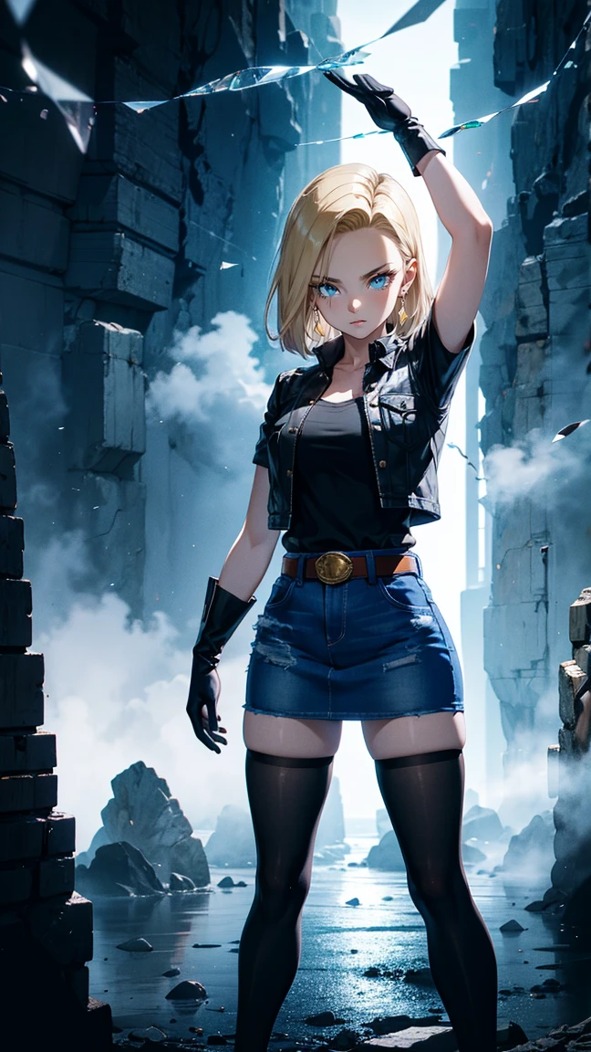 Slouched、super detailed image, nffsw, 16 K, professional photograpy, (Realistic pictures of Android-18 from Dragon Ball Z) Beauty goddess Otome, short blonde hair that is very straight, grim facial expression, ((She wears a blue denim jacket and a white cropped shirt, denim jackets,  breastsout,, lean big body, Curve, Trial Fur Coat, She wore a belt、 (((Raised Blue Denim、 thick legs spread, A smile showing a caught string , Flexible body, brown boot, perfect hand and fingers,
  Android 18,  Saiyan Girl, She unleashes an explosion of power, kojima, offcial art, Android-18  Women, Official Character Art,  female protagonist, curved body, Fino and Tonificado, itting , dew, Microstring screwed in :8, Toriyama Aquarium, director: Features of Aquara Toriyama, bulma from dragon ball, best anime character design, Stroke Style Aquara Toriyama, Cute single character, semi-, (Great lighting) ,