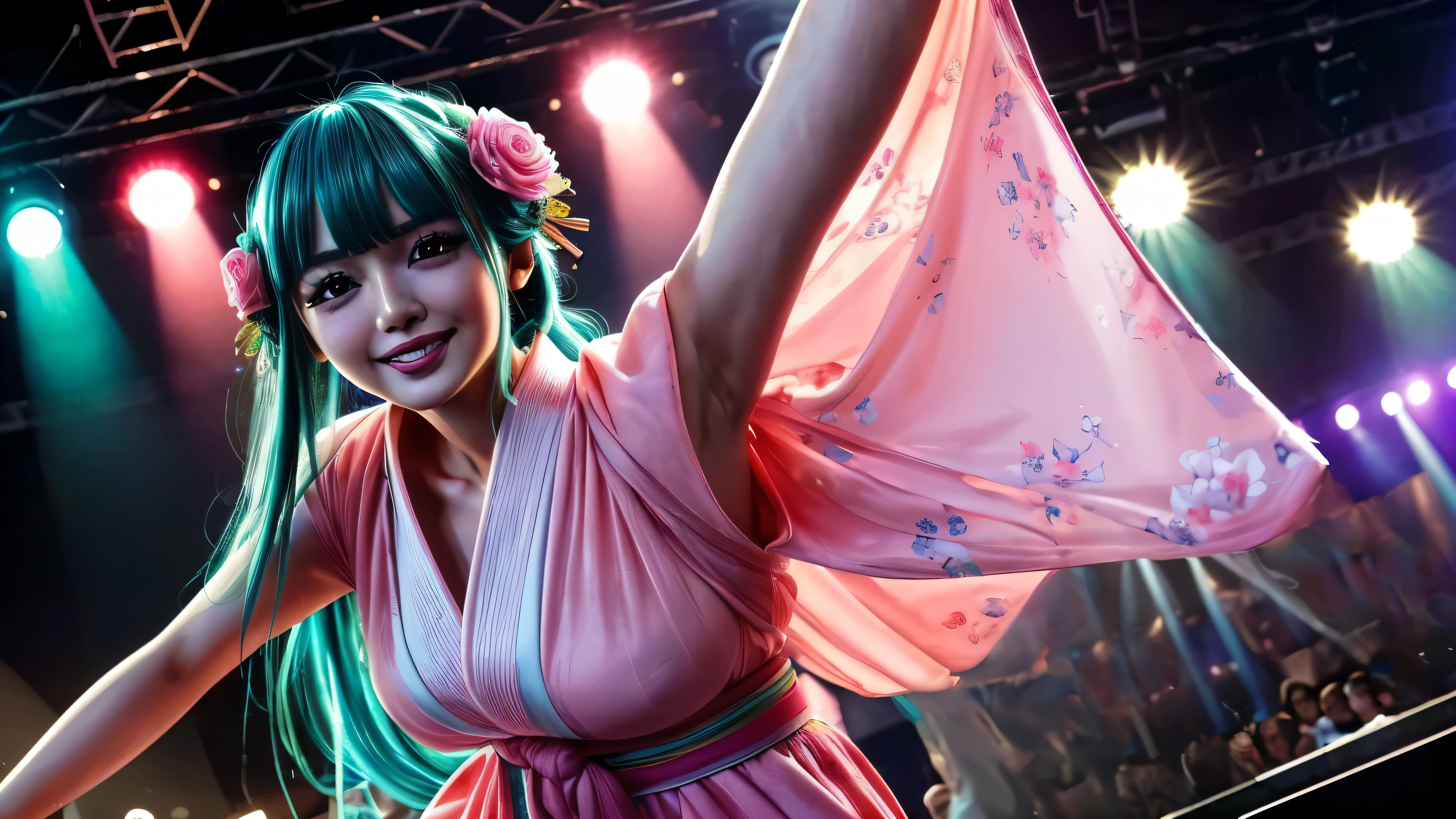 masterpiece, best quality, extremely detailed, hyperrealistic:1.1, photorealistic, a beautiful 20s japanese model, ultra detailed face:1.1, aqua hair, pink flower, pink kimono dress, smiling, on live stage, stage lighting, dancing, strenuous movements, from below, dynamic angle
