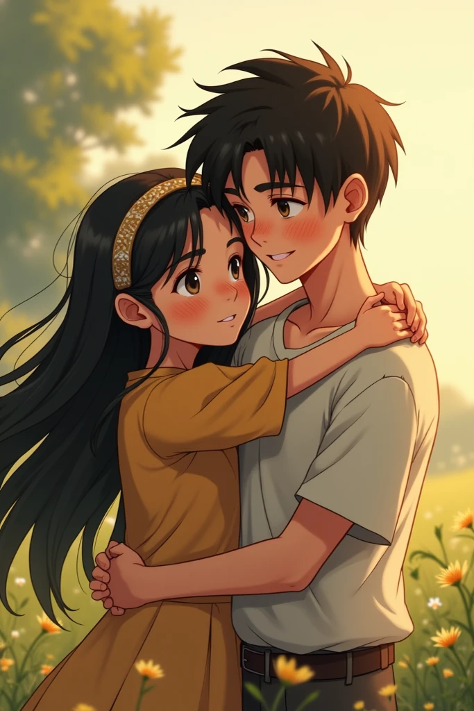 A guy with long black hair, Beautiful face, grey eyes, beautiful body, pale skin, eyes closed lying and hugging a girl with black shoulder-length hair, dark green shirt, gray shorts eyes closed, realistically, masterpiece, Best quality, detailing, anime art, фотоrealistically