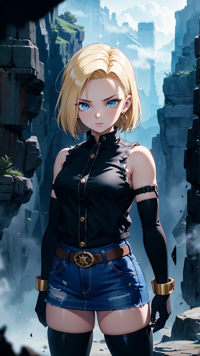  is of the best quality,  high resolution, 1 Girl,  slim figure , Android 18, blond, Short hair,  blue eyes ,  sparkling eyes ,   confident for a long time  , earrings,  open blue denim vest ,  black stockings,  Black Shirt ,   blue denim skirt  , long shoulder strap sleeve , Brown Belt,  Black Short Gloves ,  standing in lunge position ，Arm stretch,  glass shards in the background, canyon, night, FOG,  epic lighting .