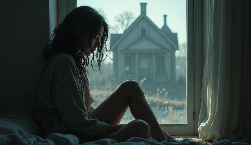 Ria is sitting in a new, calm location, her eyes reflecting exhaustion and lingering sadness.
- Outside the window, the scenery is serene, but in the reflection of the glass, the old house faintly appears, blending with her past fears.