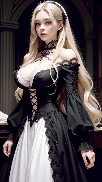 Pear body with biggest and huge , woman with longest blonde hair and yellow eyes and red lips and perfect face, wearing a black wedding dress, full picture , high face quality
