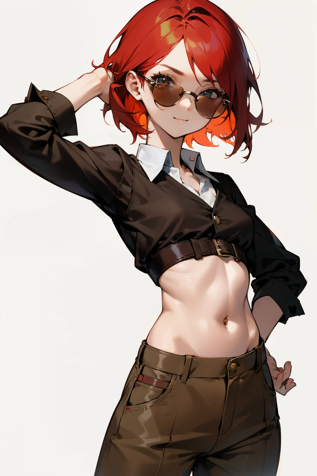 (portrait Photograph, realistic, canon eos r3, frontal camera angle, upper body zoom) ((perfect body: 1.1), (perfect anatomy:1.1), (perfect body proportions:1.1),(extremely delicate and beautiful), detailed skin, freckles, hyper detailed, ultra sharp,hdr) “ In this NSFW image, an steampunk young redhead girl standing up with open legs (visible ass from frontal view, ass fangs), looking at the camera in a provocative sexy expresion, inside ruin with high contrast between sunlight and dense shadows at the desert. She is has a skinny fit and toned body with toned abs (cut abs: 1)(muscles:1), small chest,small breast and thick thights . She wears a wet translucent highleg micribikini top with a black leather chocker (skindentation:1.2, extremely torned, torn) ( side boobs:1, see-through:1.1, wet body:1, wet breast:1, wet crotch:1), no bra, long leather jacket with metal shoulder pads with spikes and fur and a red scarf. Her white see-through panties are torn and falling down (wet panties:1)(bottomless:0.9). also she have a round vintage steampunk sunglases a. Her breast, sideboobs, abs, cleavage and wet crotch are totally visible through her falling torn clothes(topless occacionally). She has long auburn hair in braids, pale skin and freckles over all the body”.