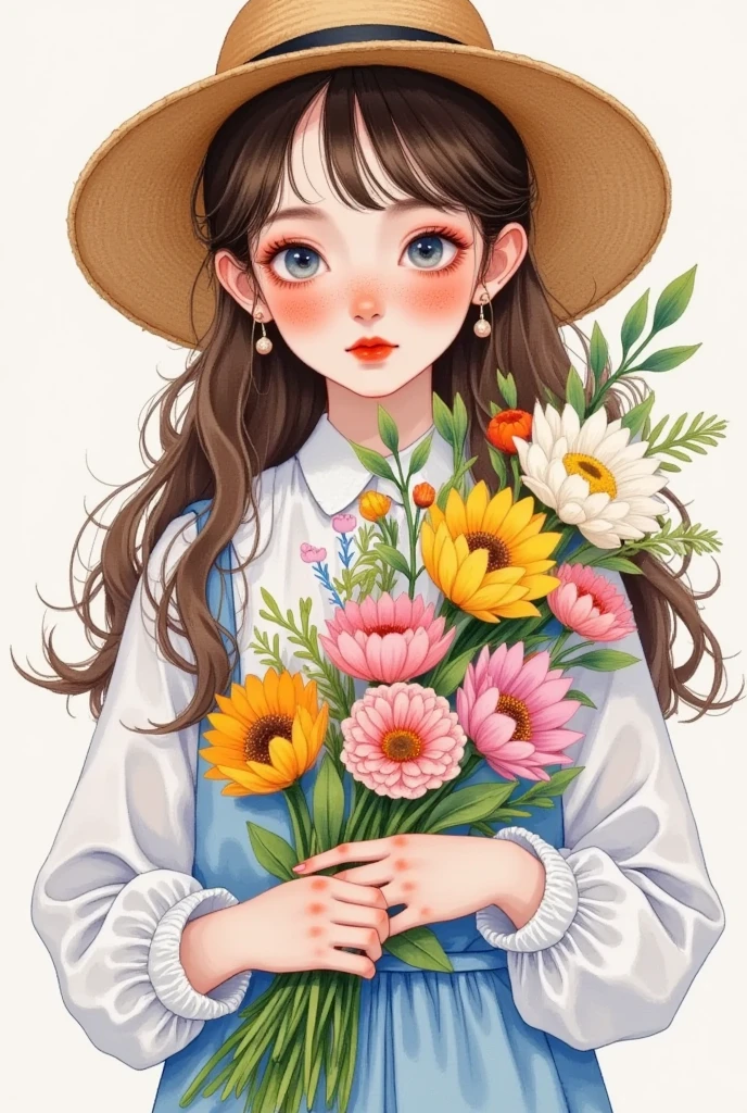  a watercolor painting ：Portrait of a girl wearing a hat，Long hair， bangs， bright eyes ， red face ，freckle，pleated collar， holds a bouquet of flowers in her hands ， clean background