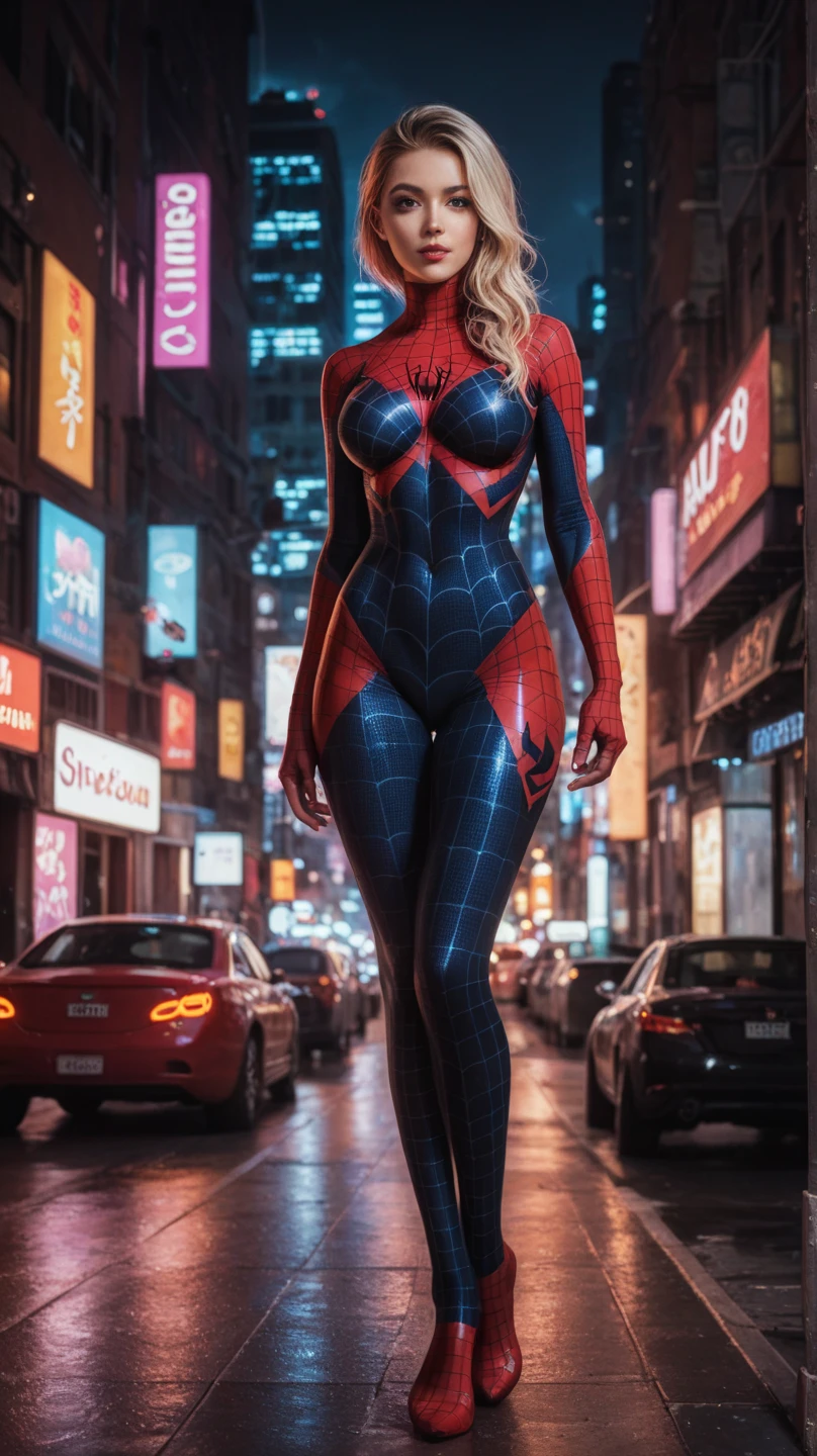 A full-body, highly detailed, and ultra-realistic portrayal of a stunning Korean woman cosplaying as Spider-Man. The outfit is a sleek, artistic interpretation of the iconic Spider-Man suit with intricate web patterns and a modern, stylish design. She stands confidently in a neon-lit urban cityscape at night, with dramatic lighting emphasizing the details of her costume and features. The atmosphere is vibrant and futuristic, creating a visually striking and immersive scene that highlights her elegance and strength."