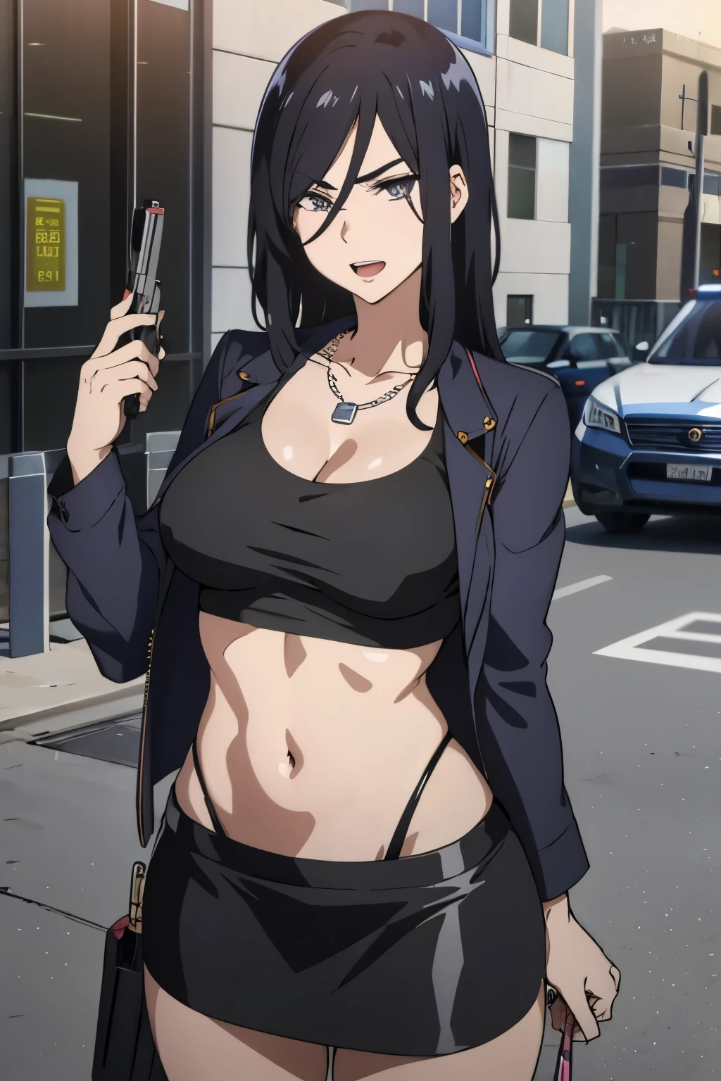 1woman,1girl, izumi_nase,  black hair, purple eyes, jewelry,pearl necklace, mole under mouth, long hair, blush, lipstick, Hot girl, baddie, staring, glaring, bad attitude, mean girl, crazy, smoking, sensual, attractive, masterpiece, best quality, highly detailed, a anime girl in police uniforms , police outfit, military outfit,
open mouth, cleavage, evil smile, smile, ecchi anime style, anime girl, digital anime art!!, in anime
style, (nsfw) not safe for work, official artwork, , beautiful anime girl, anime style 4 k, micro pencil
skirt, pencil skirt, micro skirt, exposed
belly, exposed navel, exposed midriff, exposed lower belly, holding a gun, holding pistol,next to police
car,outdoor,street,road, police car, shiny Skin, 