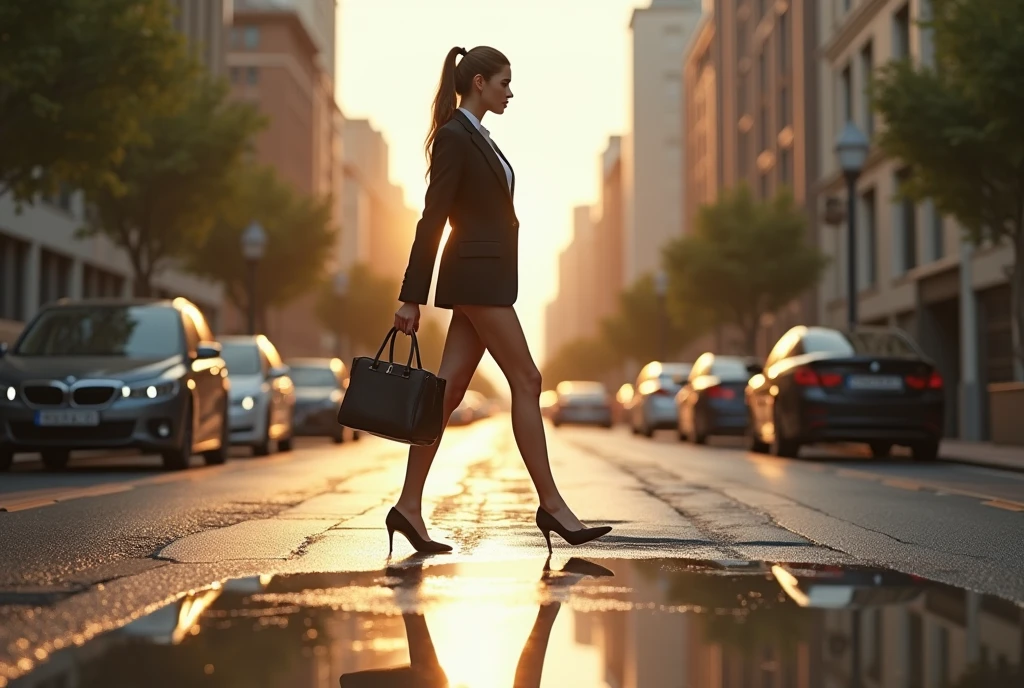 ((masterpiece, highest quality, Highest image quality, High resolution, photorealistic, Raw photo, Extremely detailed CG unified 8k wallpaper)), (huge stunning goddess shot, very hot and sexy, jaw-dropping beauty, perfect proportions, beautiful body, slim body beauty:1.4), Young woman walking in city after rain, wearing business suit and tight skirt, bag in one hand, pleasant sunny afternoon, city and woman reflected in puddle, side view, bottom view,
