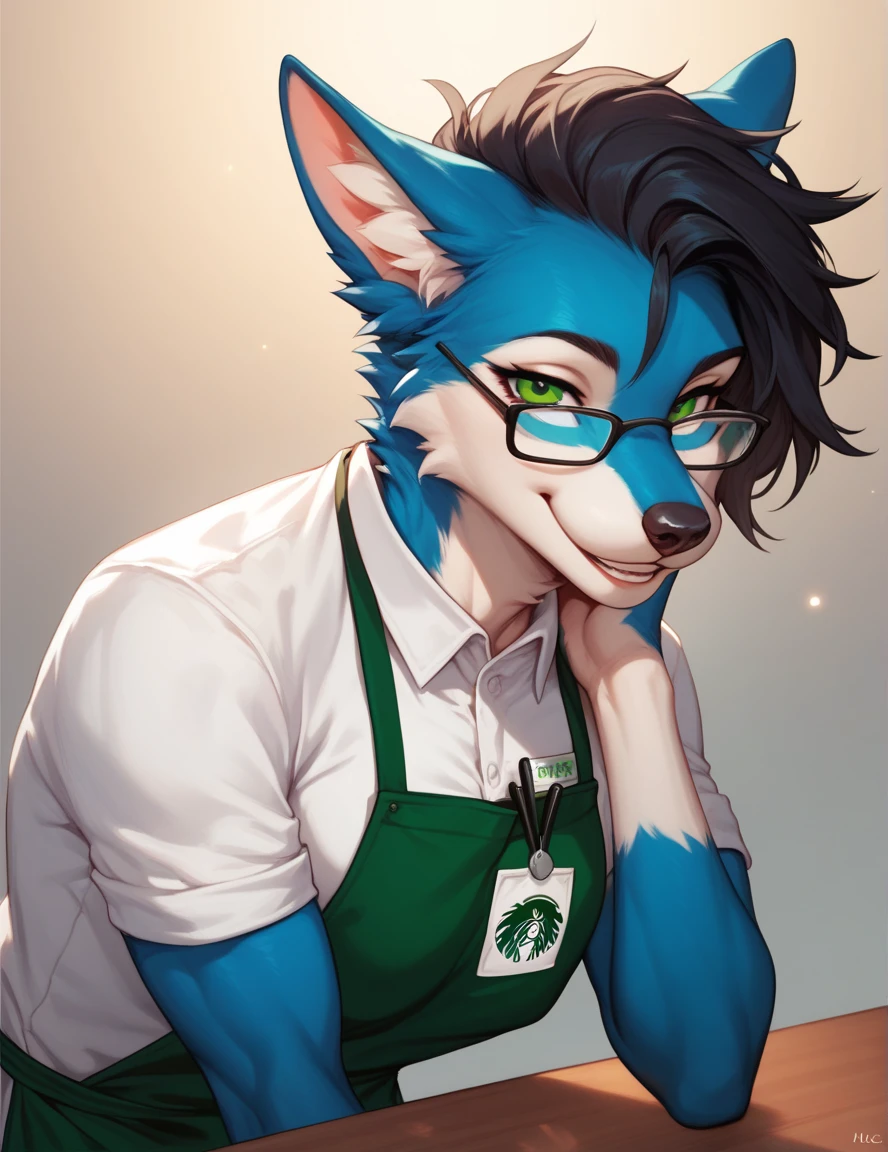 anthropomorphic wolf furry, masculine, human-like body, muscular yet slender, broad shoulders, slim waist, blue fur with dark blue and white markings, green eyes, black hair, glasses, smiling, wearing white shirt, barista apron, name tag, pocket, shy, innocent expression, leaning forward, from side, simple background, warm lighting, portrait,Looking at viewer, Smile, POV, Best Quality,