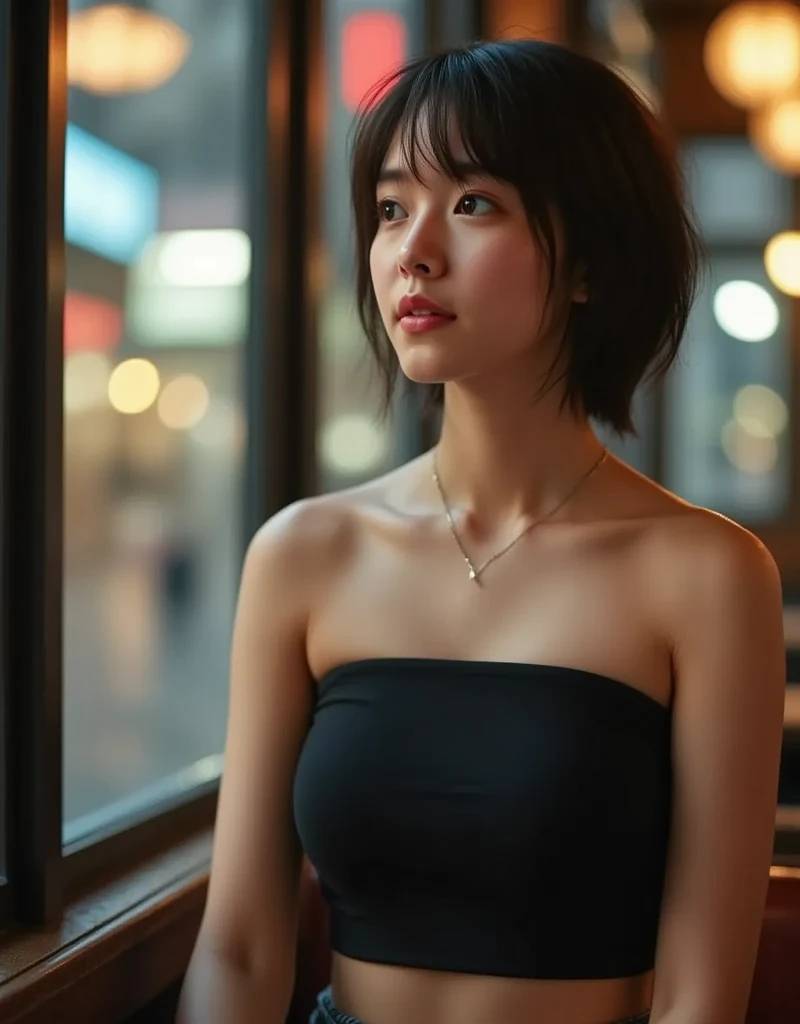 Close-up portrait of a 24-year-old Asian woman (very skinny but busty, a gorgeous actress-like woman) sitting facing the window at a window seat in a cafe with a 70s interior in New York. She is wearing a cropped denim jacket and a black tube top that accentuates her cleavage. She has pale, natural skin with no makeup, her pores and skin texture are clearly visible and in focus. She has a firm, flat stomach with prominent muscle grooves, very large breasts, and short, messy black hair with a shiny, fresh, almond-shaped figure, looking out at the street through a glass window. Retro-style lighting and the woman's figure are reflected in the glass, and the evening view of New York City is blurred in the distance.