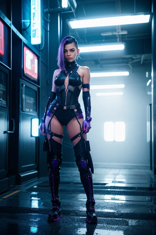 Masterpiece, a beautiful female Mech Pilot, (cyberpunk city at night background), ((Wearing a torn Cyberpunk outfit)), Sexy standing pose, (Random Blue sexy Cyberpunk outfit), (Body Tattoo), (futuristic sci-fi battle fashion, elbow and knee cyberpad, cyber long boots, cyberglove: 1.1), restraints, slaves, collars, contempt, (small breasts), strong muscular body, short multicoloured hair, undercut, legs, cyberpunk aesthetic, (skin texture:1.1), best quality, ultra high res, (photorealistic: 1.4), Raw photo, by Ellen von Unwerth, Nikon D850 Film Stock Photography, F1.6 Lens, Rich Colors, Realistic, Cinestill 800, backlight, rimlighting, studiolighting, erotic photshoot