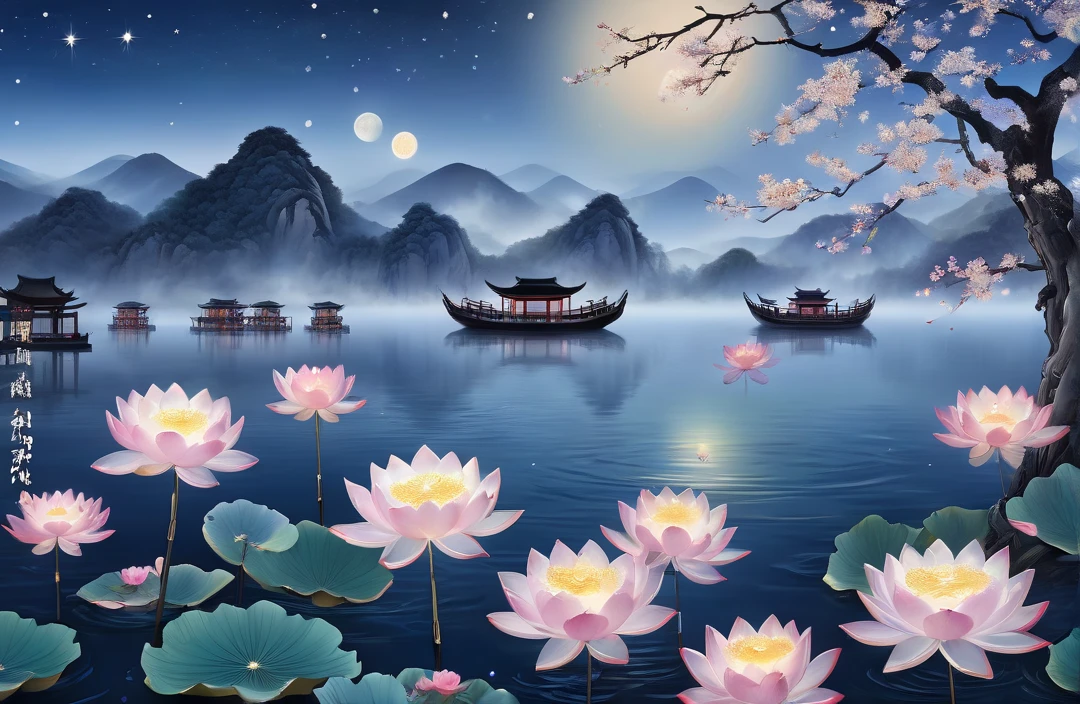 The night of the Middle Yuan Festival， The surface of the lake looks like the galaxy is falling ， Countless lotus lanterns gently drift over the blue waves ，The candle flickered， creates an otherworldly ink painting 。 and the sky is adorned with stars by Kong Ming lanterns point， that contrasts with the moon ，The moon rings are full ，, cast a soft silver glow ， The outline of the mountains is picturesquely drawn ， and the mountains are hidden in the mist ， and the sky is adorned with stars ，, quiet and solemn 。