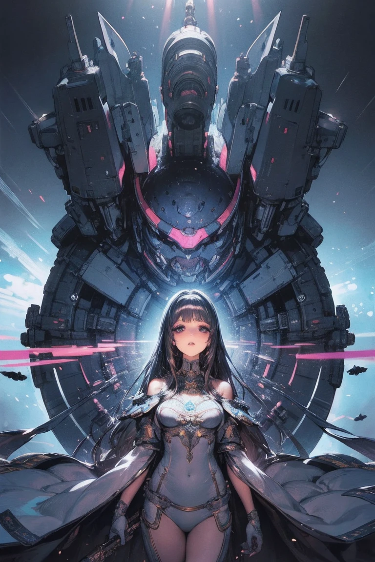  best quality ,masterpiece, Illustration,  very delicate and beautiful ,  Very detailed ,CG ,Unity ,8k wallpaper, wonderful,  detailed , masterpiece, best quality, Official Art, Very detailed CG Unity 8k wallpaper, absurd, incredibly  absurd,  super detailed,  high definition ,  Very detailed,  beautiful girl with great attention to detail, light on face ,  1 girl, Mecha, armor, Mechanical_body,  black hair,  Spaceship, city, cyberpunk, neon lights, science fiction, star_null,  