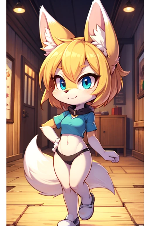 boy, squirrel, furry, bodyfur, green camisole, bottomless, diaper, green gloves, green boots, chibi, happy, sparkling eyes