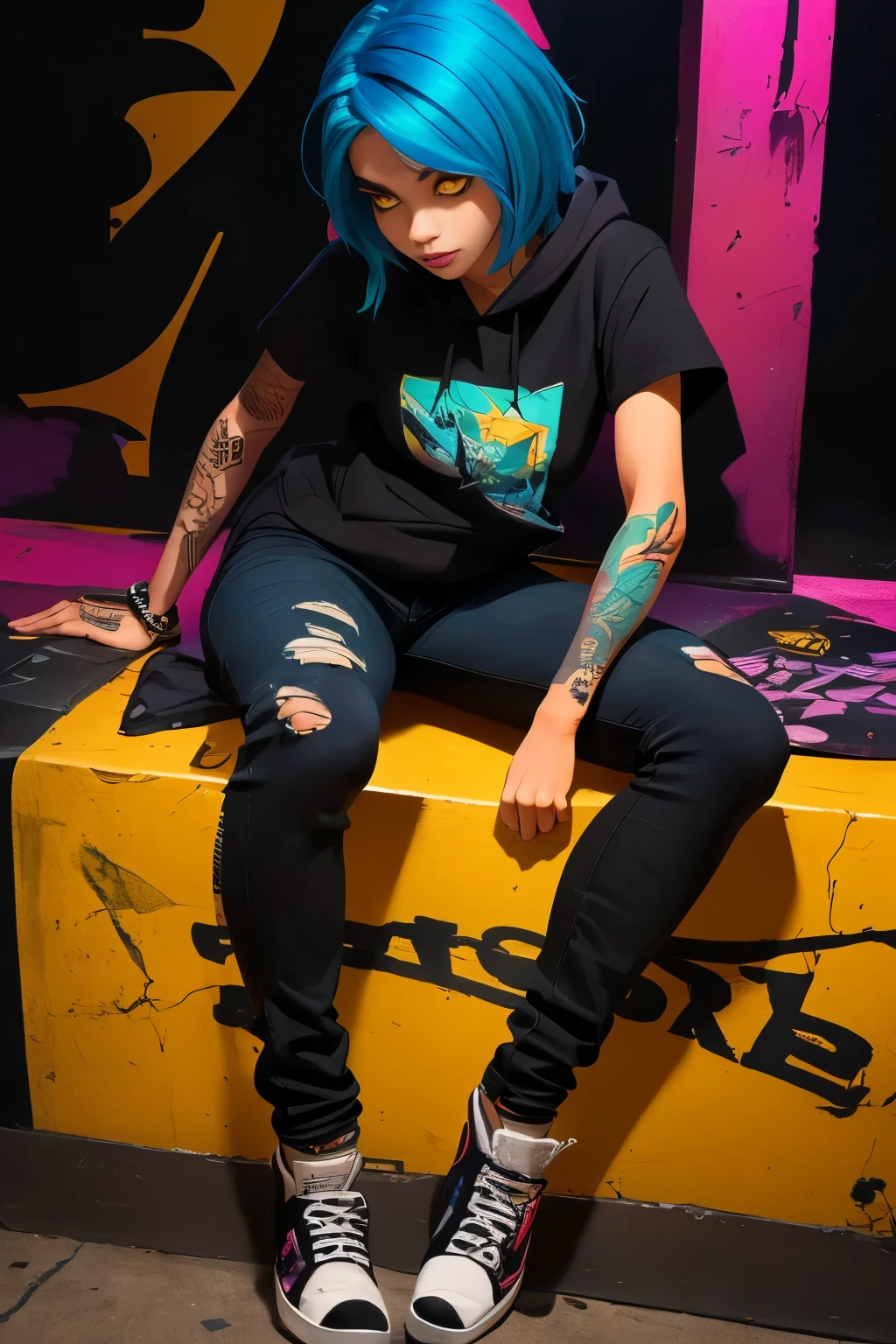 The most beautiful and sexy skateboard girl, rainbow colored hair, yellow eyes, wearing hoodie, graphic t-shirt, torn skinny jeans and highly detailed skateboard gear, tons of tattoos and piercings, highly detailed background, perfect masterpiece, high quality, high resolution