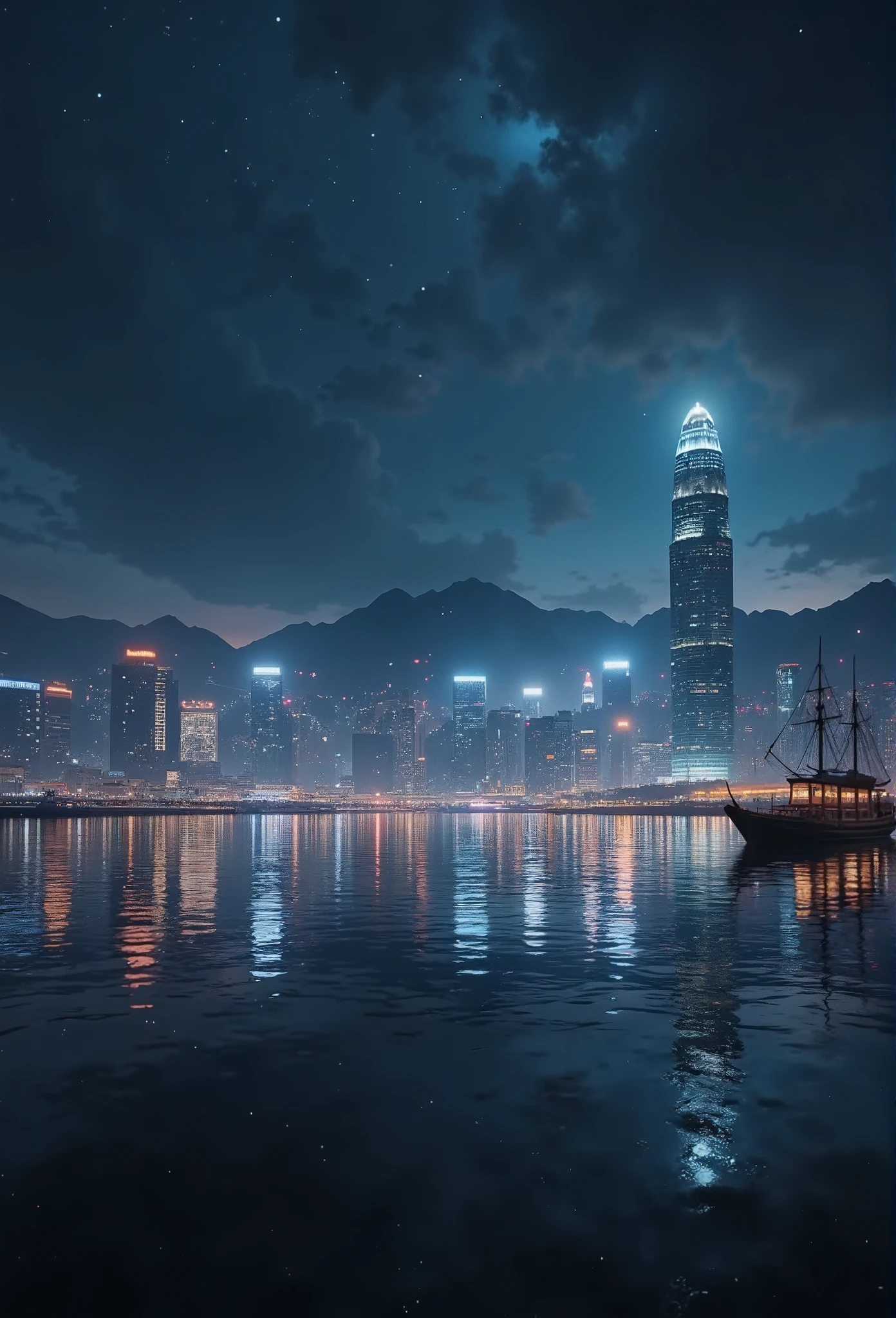 Hong Kong Island skyscrapers, night time view, close-up shot of the static Victoria Harbour surface, a reflection of stunning cityscapes at night, a reflection of buildings illuminated, a junk boat on the sea, cinematic lighting, dramatic atmosphere, muted color palette, moody, atmospheric, intricate details, photorealistic, 8k, best quality, hyper detailed, masterpiece