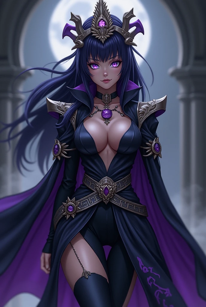 /imagine prompt: 1. Dark women 2 Demon King Image 3. Mysterious and eerie 4 Enthusiasm and Fear 5. Black Robe 6 Pale skin 7. Cold eyes 8 Dark night hair 9. Cold breath 10 Magic Power 11. Manipulate Darkness and Death 12 Purple Eyes 13. Insights 14 Fear and despair 15. Deep hoarse voice 16 Charm and Evil Smile 17. Dark Army 18 Demons and Undead 19. Rule and Conquest 20 Terror and oppression 21. Symbols of power and malice 22 Desperate Justice and Peace 23. Nightmares of the World 24 An existence that cannot be defeated by the light, 8k smooth, super/high details, realistic shadovand light, high detail, FHD,1080P,2K,4K,8K, highly realistic