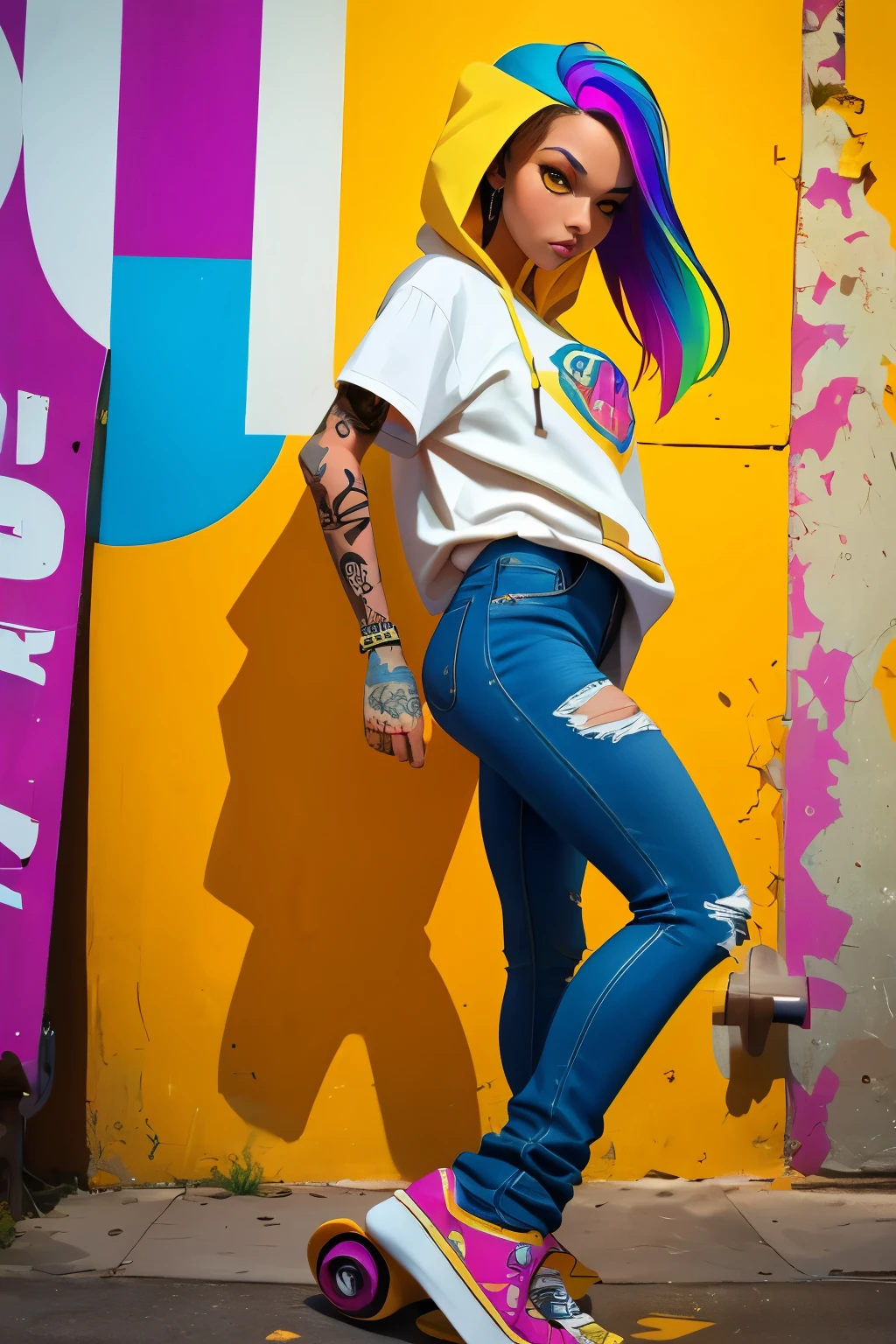 The most beautiful and sexy skateboard girl, rainbow colored hair, yellow eyes, wearing hoodie, graphic t-shirt, torn skinny jeans and highly detailed skateboard gear, tons of tattoos and piercings, highly detailed background, perfect masterpiece, high quality, high resolution