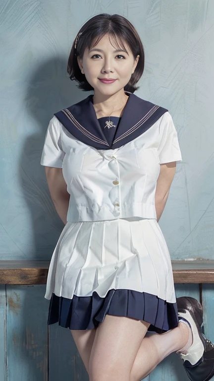 full body shot, from below,  japanese mature, 65 years old,  detailed face , smile,  white skin, (curvy body, Large Breasts,  plump thighs:1.5), (earrings,  Necklaces ,  high school uniform ,  sailor suit, sailor collar,  Navy Blue Pleated Mini Skirt,JK_style,short-sleeved JK_sailor:1.2), (Short socks, wearing loafers :1.2), ( takes a picture of the whole body from toe to head,  standing on the seaside , standing:1.2), ( surrealism, best quality, ultra detailed, absolutely resolution, 8k, anatomically correct), depth of field, looking at viewer, tachi-e, full body