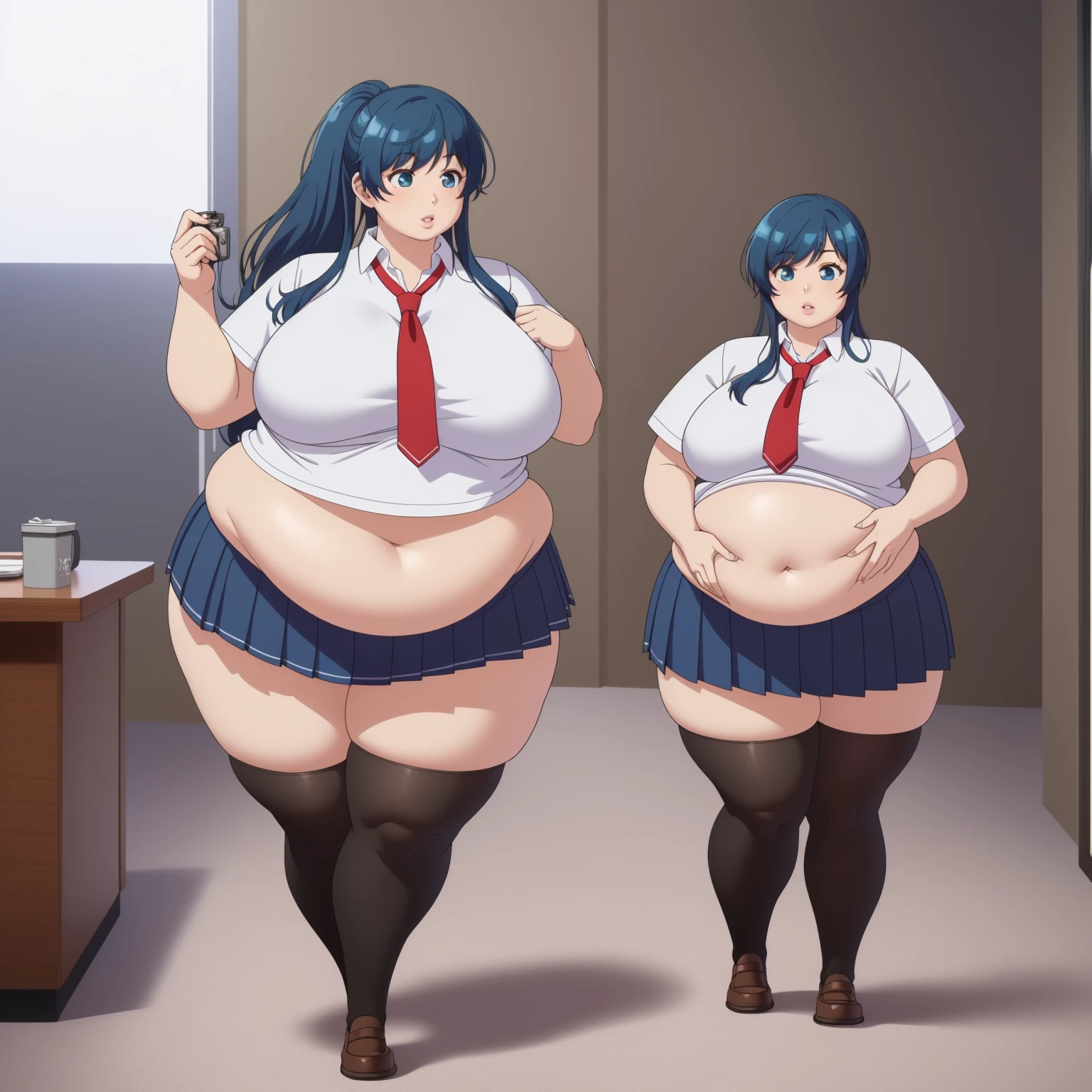 girl, solo, beautiful body, perfect body, nice body, (huge Breasts),

mi minami, blue hair, blue eyes, long hair, ponytail (school uniform:1.5), (pleated skirt:1.5), (miniskirt:1.5), short sleeve, tight, necktie, student shoes, white sock, walking, 



official art, extremely detailed CG unity 8k wallpaper, perfect lighting, Colorful, (best_quality:1.0), ultra high res,4K, ultra-detailed, 8K, HDR, high resolution,  absurdres:1.2, film grain, (vibrant_color:1.2), (narrow waist), huge breasts, (masterpiece:1.2), ((best quality:1.3)), ultra-detailed, ray-traced, high-fidelity textures, crisp focus, dynamic pose, dynamic art, dynmic angle, chubby, chubby girl, curvy, large breasts, lips, plump, thick thighs, thighs, (((oversized gigantic stomach)), curvy, large breasts, lips, plump, thick thighs, thighs, (((oversized gigantic stomach)), curvy, large breasts, lips, plump, thick thighs, thighs, (((oversized gigantic stomach)), waltzpurgis