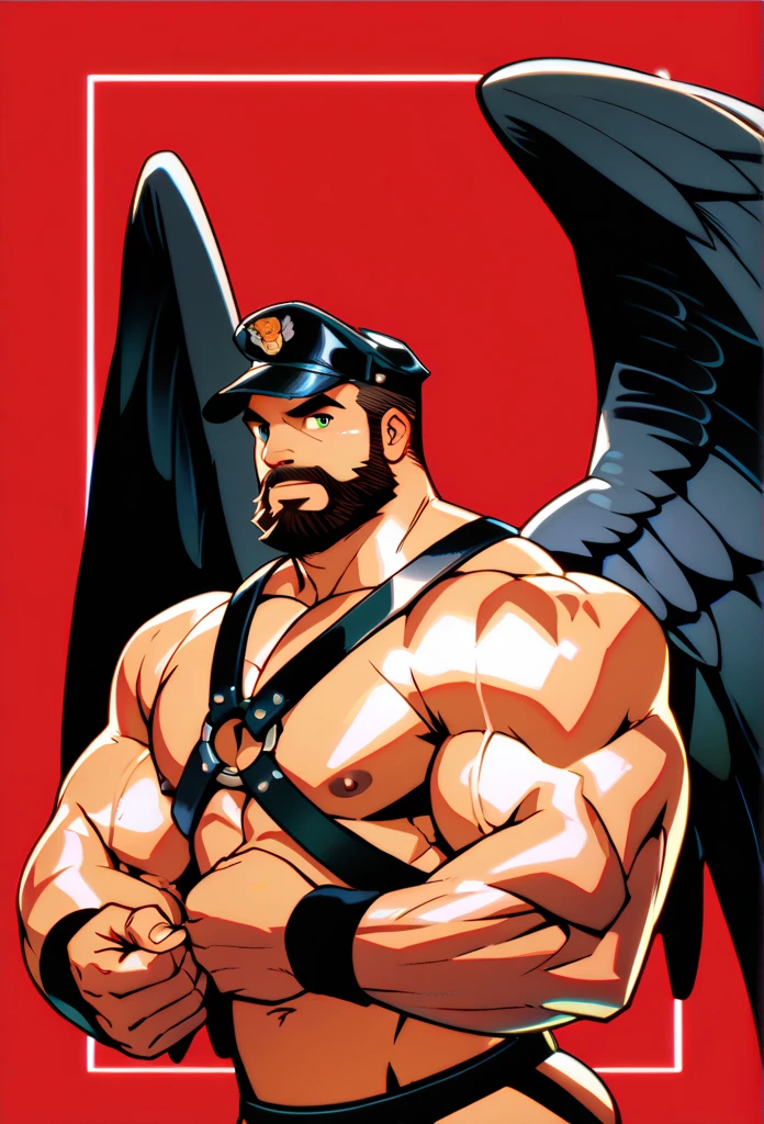 a bearded tattooed muscular bodybuilder handsome cowboy with wings with jockstrap, crimson red background, big muscular, big chest, wearing leather chest leather harness, Thin waist, sfw, perfect anatomy, balanced anatomy, big bulging, hot dancer pose, dark wings, Caucasian, oiled mscles, short haircut, lights on muscles, bearded, black jockstrap, black leather kepi hat, high resolution, high quality, masterpiece