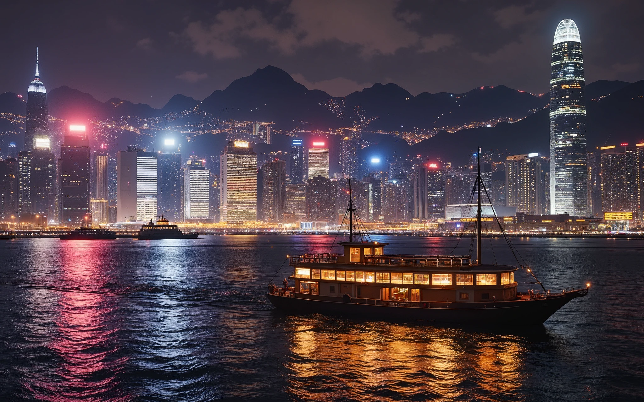 Hong Kong Island skyscrapers, night time view, close-up shot of the static Victoria Harbour surface, a reflection of stunning cityscapes at night, a reflection of buildings illuminated, a junk boat on the sea, cinematic lighting, dramatic atmosphere, muted color palette, moody, atmospheric, intricate details, photorealistic, 8k, best quality, hyper detailed, masterpiece