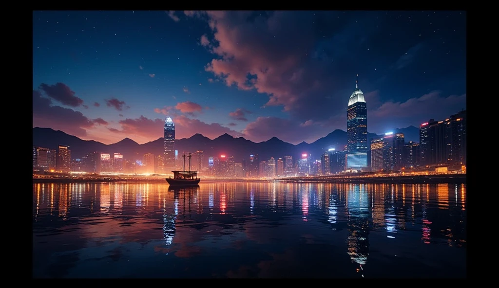 Hong Kong Island skyscrapers, night time view, close-up shot of the static Victoria Harbour surface, a reflection of stunning cityscapes at night, a reflection of buildings illuminated, a junk boat on the sea, cinematic lighting, dramatic atmosphere, muted color palette, moody, atmospheric, intricate details, photorealistic, 8k, best quality, hyper detailed, masterpiece