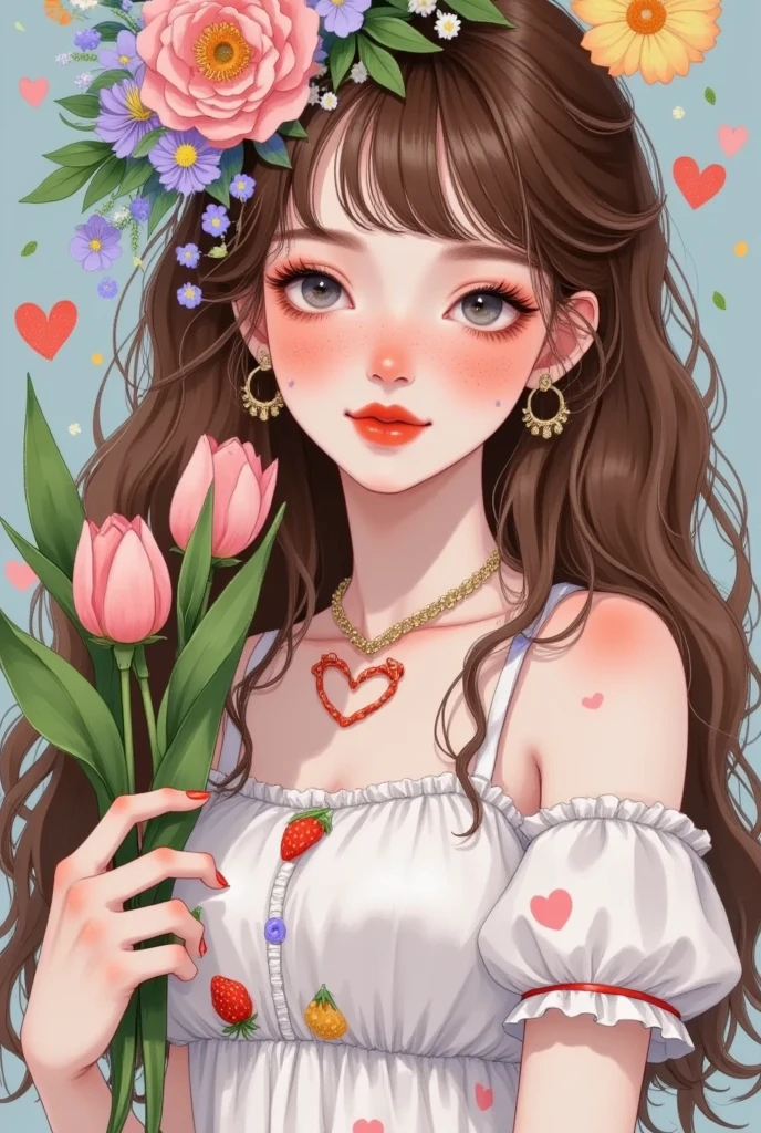 1girl,artist name,bangs,bare shoulders,black eyes,bouquet,brown hair,collarbone,facepaint,floral print,food print,freckles,heart,heart print,lips,lipstick,long hair,looking at viewer,makeup,mole,mole under eye,mole under mouth,polka dot,red lips,simple background,smile,solo,strawberry panties,strawberry print,underwear,upper body,wavy hair