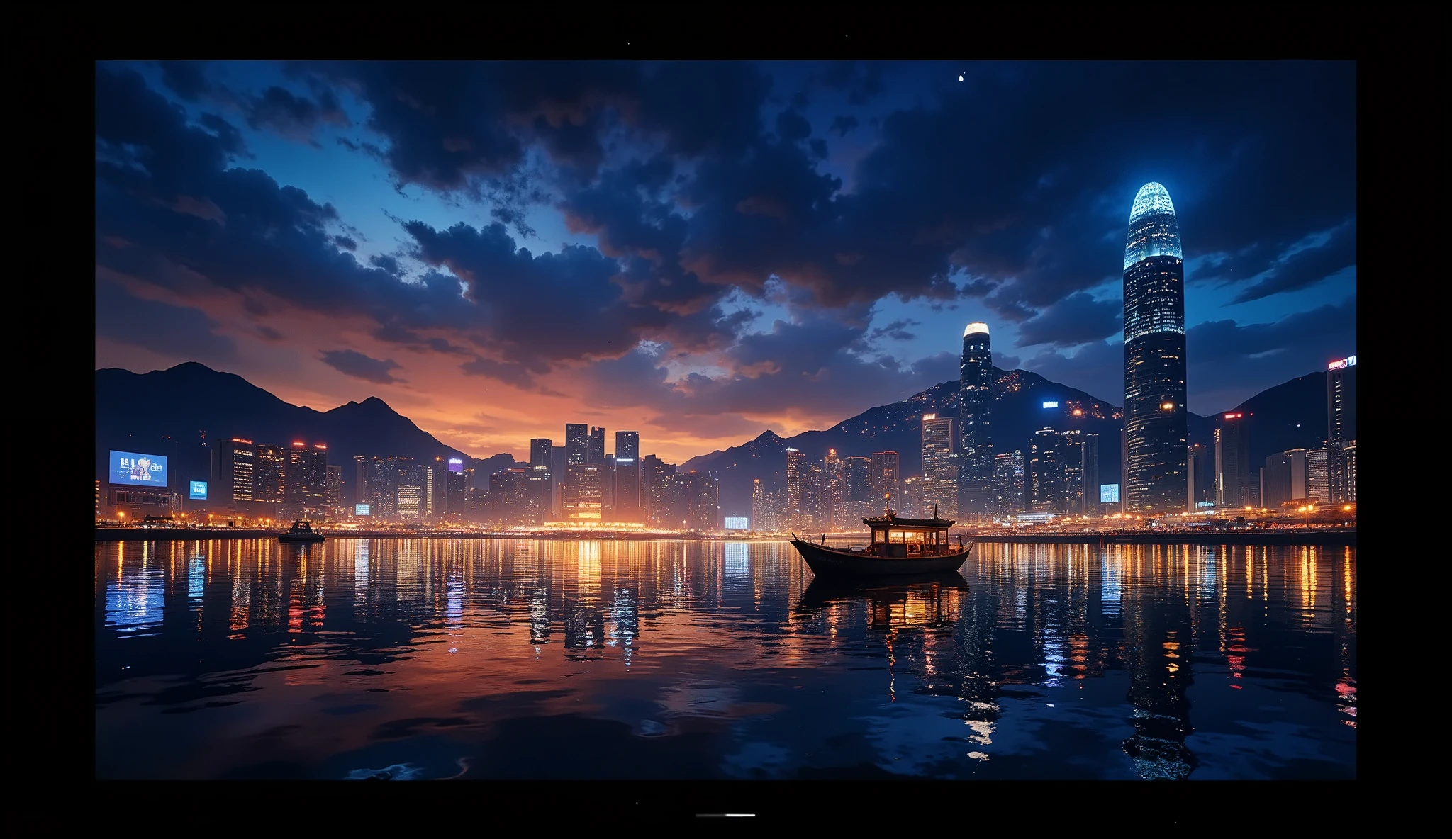 Hong Kong Island skyscrapers, night time view, close-up shot of the static Victoria Harbour surface, a reflection of stunning cityscapes at night, a reflection of buildings illuminated, a junk boat on the sea, cinematic lighting, dramatic atmosphere, muted color palette, moody, atmospheric, intricate details, photorealistic, 8k, best quality, hyper detailed, masterpiece