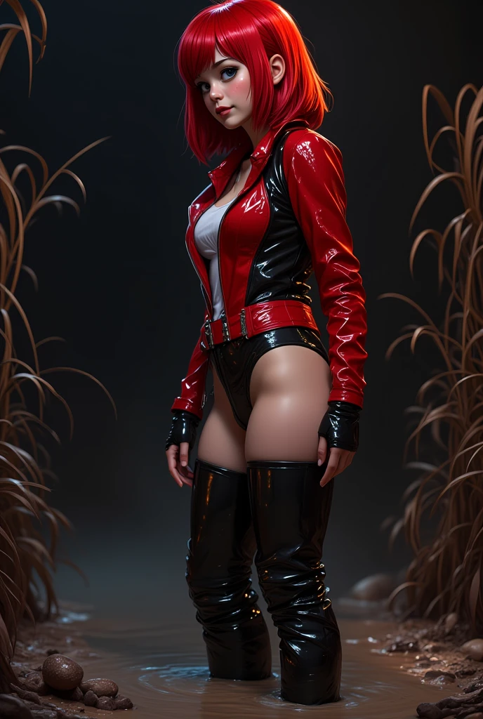 attention-grabbing, bizarre diva,  pencil wetlook dress and thigh-high boots and crotch-high boots and fuck-me boots  and crotch boots , sinking in sticky quicksand bog pit reeds, tight pvc biker jacket, red bang-cut, sinking, night, vivid, muted, vintage