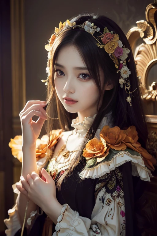 (masterpiece, highest quality, highest quality, Official Art, beautifully、aesthetic:1.2), (1 girl), Very detailed,(Fractal Art:1.3),colorful,Most detailed, Background with fractals and various floral and greenery details