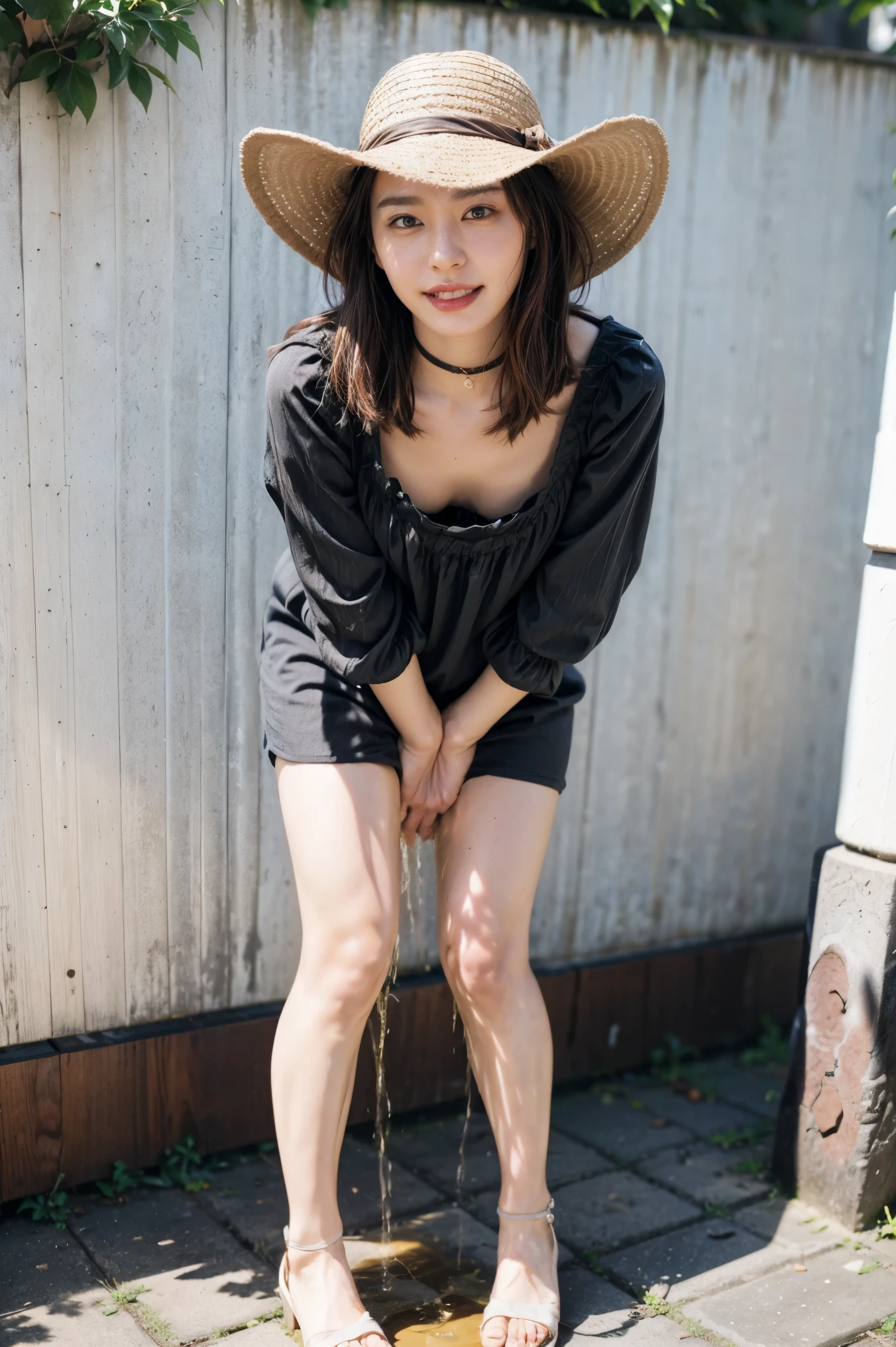 The high resolution photograph of a 36 years old beautiful Japanese woman, (realistic, photo-realistic:1.4), (best quality, masterpiece), 8k, RAW Photo, intricate details, extremely detailed, sharp focus, professional lighting, full body, solo, 1girl, pale skin, fine-textured skin, black hair, short hair,,,,(loose sundress, downblouse, sun-hat:1.2), (standing leaning forward, forward bending:1.4), (choker, jewelry), high-heel-sandals,,,,(posing for gravure photography, erotic posture), detailed face, detailed beautiful eyes, sophisticated nose, (peeing self, sparkling urine, urination:1.5), (pee puddle:1.2),,, (remote_play, remote_vibrating, remote_controller, half open mouth, ahegao:1.3),,, (perfect anatomy, two perfect anatomical arms, two perfect anatomical hands, two perfect anatomical legs),,, photo background, outdoors, blue sky,