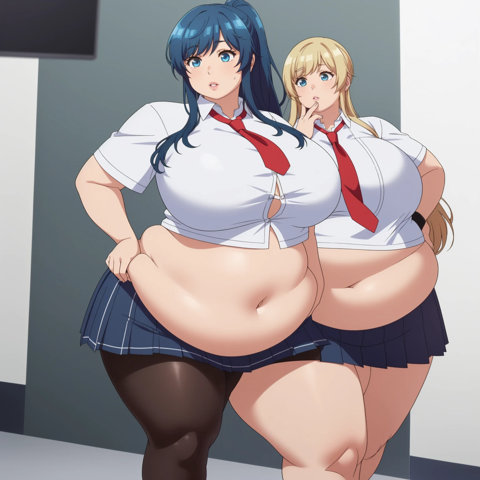 girl, solo, beautiful body, perfect body, nice body, (huge Breasts),

mi minami, blue hair, blue eyes, long hair, ponytail (school uniform:1.5), (pleated skirt:1.5), (miniskirt:1.5), short sleeve, tight, necktie, student shoes, white sock, walking, 



official art, extremely detailed CG unity 8k wallpaper, perfect lighting, Colorful, (best_quality:1.0), ultra high res,4K, ultra-detailed, 8K, HDR, high resolution,  absurdres:1.2, film grain, (vibrant_color:1.2), (narrow waist), huge breasts, (masterpiece:1.2), ((best quality:1.3)), ultra-detailed, ray-traced, high-fidelity textures, crisp focus, dynamic pose, dynamic art, dynmic angle, chubby, chubby girl, curvy, large breasts, lips, plump, thick thighs, thighs, (((oversized gigantic stomach)), curvy, large breasts, lips, plump, thick thighs, thighs, (((oversized gigantic stomach)), curvy, large breasts, lips, plump, thick thighs, thighs, (((oversized gigantic stomach)), waltzpurgis