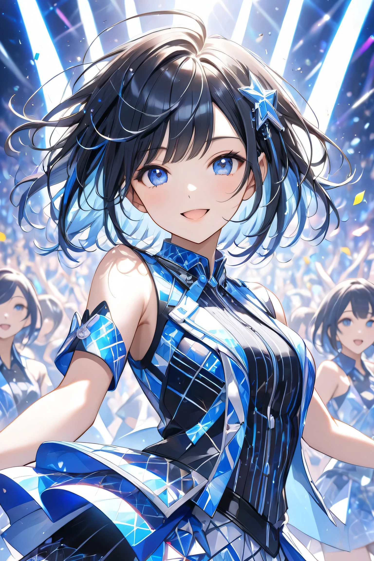 On a dazzling concert stage, a charismatic idol with a black bob hairstyle radiates charm. She wears a modern blue-themed outfit featuring futuristic patterns. The idol joyfully strikes a pose under spotlights, surrounded by colorful confetti and an energetic crowd of fans holding glowing light sticks.