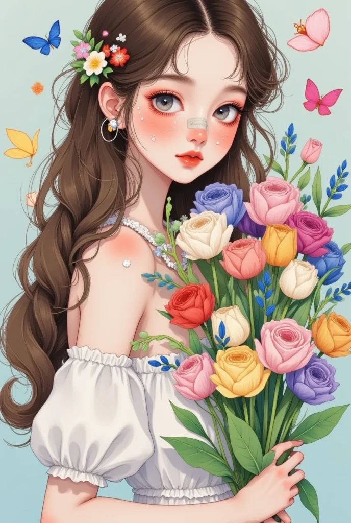 1girl,bandaid,bandaid on nose,black flower,black rose,blue rose,bouquet,bow,braid,bride,brown hair,earrings,eyelashes,facepaint,facial mark,flower,green flower,hair flower,hair ornament,hair ribbon,holding,holding bouquet,jewelry,leaf,lips,lipstick,long hair,looking at viewer,makeup,parted lips,pink flower,pink rose,purple flower,purple rose,red flower,red rose,ribbon,rose,rose petals,rose print,solo,spoken squiggle,squiggle,tattoo,tears,thorns,veil,white flower,white rose,yellow flower,yellow rose