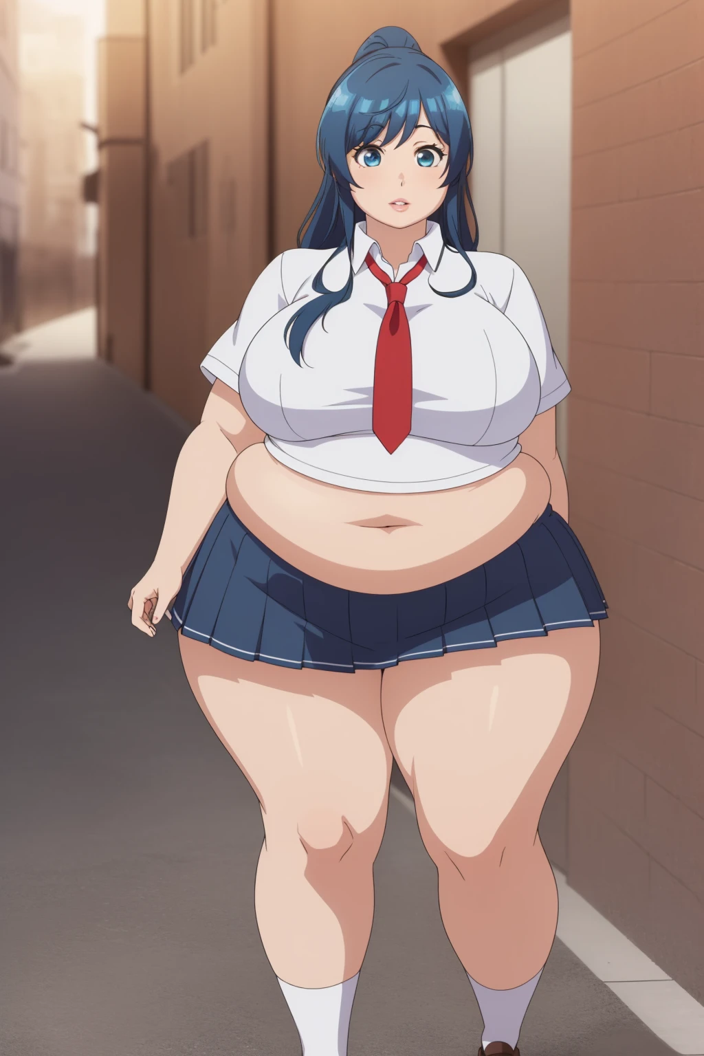 girl, solo, beautiful body, perfect body, nice body, (huge Breasts),

mi minami, blue hair, blue eyes, long hair, ponytail (school uniform:1.5), (pleated skirt:1.5), (miniskirt:1.5), short sleeve, tight, necktie, student shoes, white sock, walking, 



official art, extremely detailed CG unity 8k wallpaper, perfect lighting, Colorful, (best_quality:1.0), ultra high res,4K, ultra-detailed, 8K, HDR, high resolution,  absurdres:1.2, film grain, (vibrant_color:1.2), (narrow waist), huge breasts, (masterpiece:1.2), ((best quality:1.3)), ultra-detailed, ray-traced, high-fidelity textures, crisp focus, dynamic pose, dynamic art, dynmic angle, chubby, chubby girl, curvy, large breasts, lips, plump, thick thighs, thighs, (((oversized gigantic stomach)), curvy, large breasts, lips, plump, thick thighs, thighs, (((oversized gigantic stomach)), curvy, large breasts, lips, plump, thick thighs, thighs, (((oversized gigantic stomach)), waltzpurgis