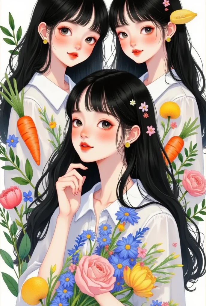 1girl,2girls,bangs,black eyes,black hair,blush,carrot,cherry,closed mouth,clover,collarbone,collared shirt,earrings,flower,food,forehead,four-leaf clover,fruit,hair ornament,hair pulled back,jewelry,leaf,lemon,lemon slice,lips,lipstick,long hair,long sleeves,looking at viewer,makeup,multiple girls,multiple views,orange \(fruit\),red flower,red lips,shirt,short sleeves,smile,strawberry,tomato,upper body,white flower,white shirt