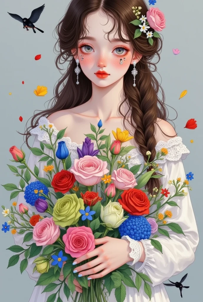 1girl,bandaid,bandaid on nose,black flower,black rose,blue rose,bouquet,bow,braid,bride,brown hair,earrings,eyelashes,facepaint,facial mark,flower,green flower,hair flower,hair ornament,hair ribbon,holding,holding bouquet,jewelry,leaf,lips,lipstick,long hair,looking at viewer,makeup,parted lips,pink flower,pink rose,purple flower,purple rose,red flower,red rose,ribbon,rose,rose petals,rose print,solo,spoken squiggle,squiggle,tattoo,tears,thorns,veil,white flower,white rose,yellow flower,yellow rose