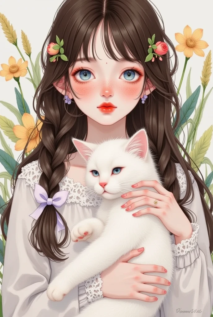 1girl,animal,bangs,blue eyes,blush,bow,braid,braided ponytail,brown hair,cat,freckles,hair bow,hair ornament,hair ribbon,hairclip,holding animal,holding cat,lips,long hair,long sleeves,looking at viewer,mole,parted lips,red lips,ribbon,single braid,solo,twin braids,upper body,white cat