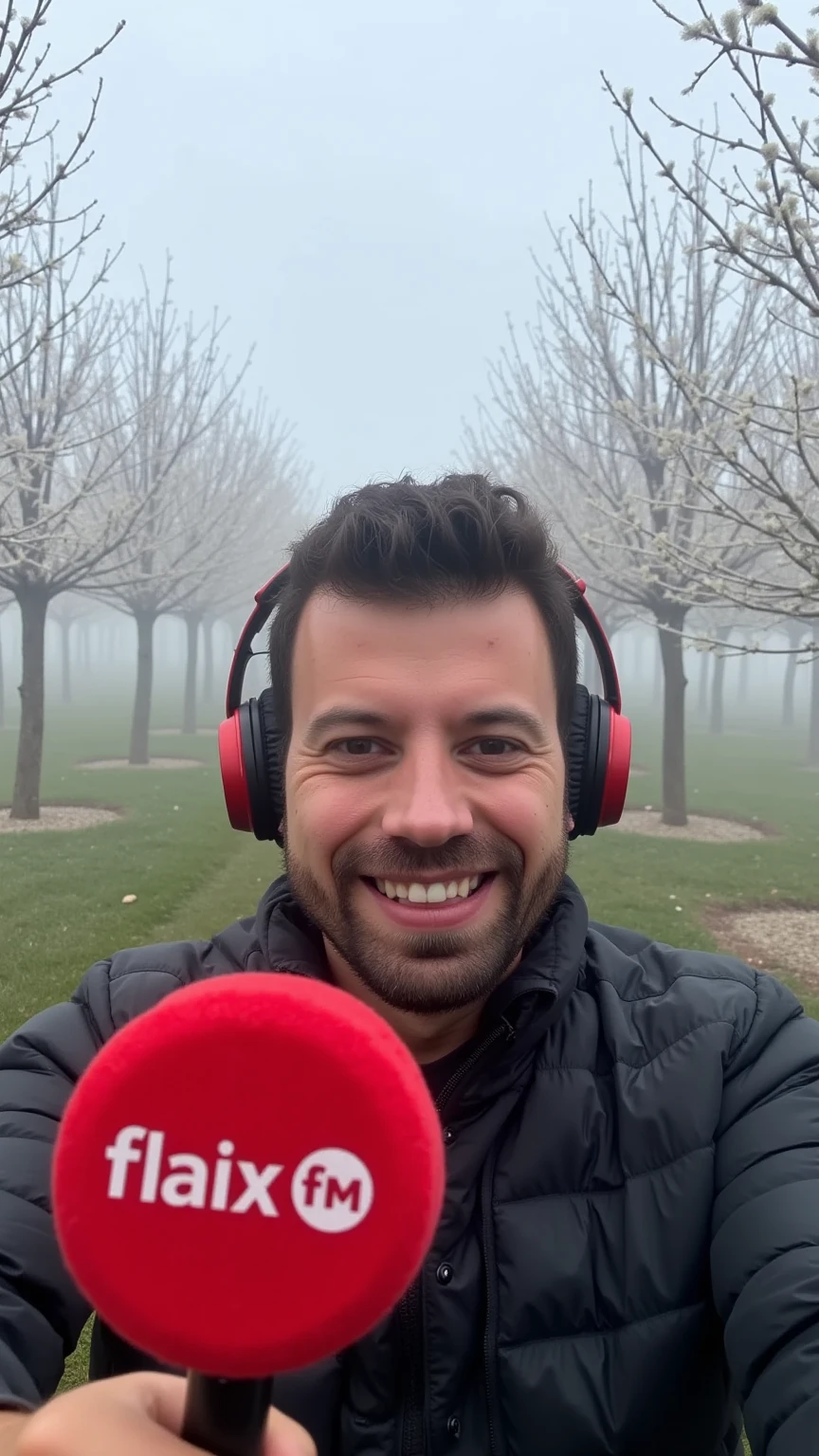 In a winter peach orchard shrouded by extremely dense fog, a man emerges with only his head and hand visible. He is holding a microphone with vivid red foam that displays the text "Flaix Fm." The peach trees, stripped of their leaves, are barely distinguishable through the heavy mist. The man wears modern headphones and smiles warmly, his cheerful expression contrasting with the cold, muted environment. The fog softens all light, creating an ethereal, cinematic scene. Hyper-realistic rendering, soft lighting effects, and moody ambiance.
