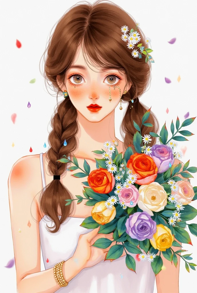 1girl,bandaid,bandaid on nose,black flower,black rose,blue rose,bouquet,bow,braid,bride,brown hair,earrings,eyelashes,facepaint,facial mark,flower,green flower,hair flower,hair ornament,hair ribbon,holding,holding bouquet,jewelry,leaf,lips,lipstick,long hair,looking at viewer,makeup,parted lips,pink flower,pink rose,purple flower,purple rose,red flower,red rose,ribbon,rose,rose petals,rose print,solo,spoken squiggle,squiggle,tattoo,tears,thorns,veil,white flower,white rose,yellow flower,yellow rose