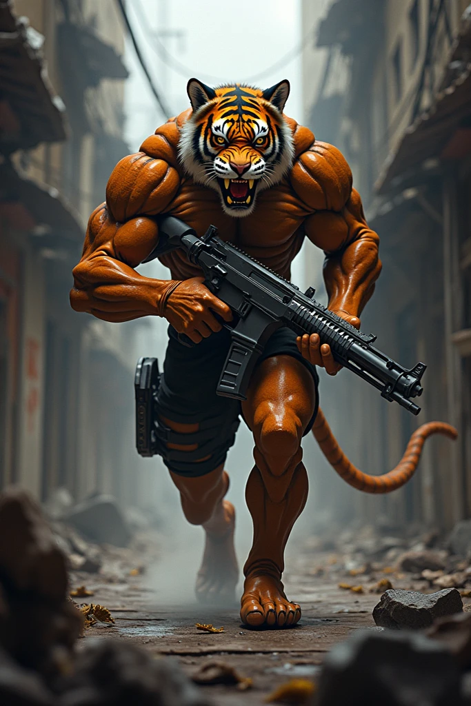 (Masterpiece:1.2),(Highest quality),(Superb details),(Ultra high resolution),(best illustrations)Highly detailed,film,cinema,gentle,realistic,Masterpiece,wound,wound,bleeding,Cyborg,Cyber Punk Demon Tiger, a powerful humanoid,Powerful,strong,White and gray scarf,Big muscles,6-pack,wound,wound,bleeding,weapon,Dynamic Action Firehand,Mouth shouts,angry
