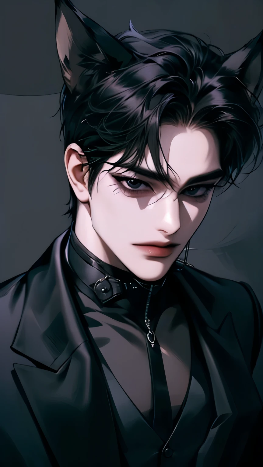 boy, ( black hair and black eyes),  white skin ,  sharp eyes,  close up, ((black suit,  black shirt)), black background, ((muzzle)), (black wolf ears), (((An infallible face)))