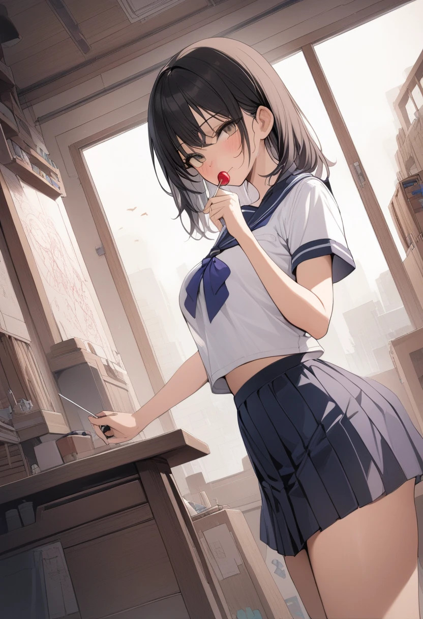 (top-quality、in 8K、32K、​masterpiece、nffsw、超A high resolution、Impresionismo、Photorealsitic:1.2)、Colossal tits、cowboy  shot, detailed faces and eyes、 Inside the classroom、Schools、Evening glow、beauitful face、blurry backround、16-year-old beautiful girl、shinny skin、half updo、beautiful brown hair、Blunt bangs、Brown eyes、(I closed one eye、put index finger on mouth:1.2)、a sailor suit、Pleated miniskirt、Curve、(Lifting skirt、I can see panties:1.2)、thighs thighs thighs thighs、(Navel Ejection:0.4)、Dynamic Pose Beautiful and perfect legs, Clean and perfect hands