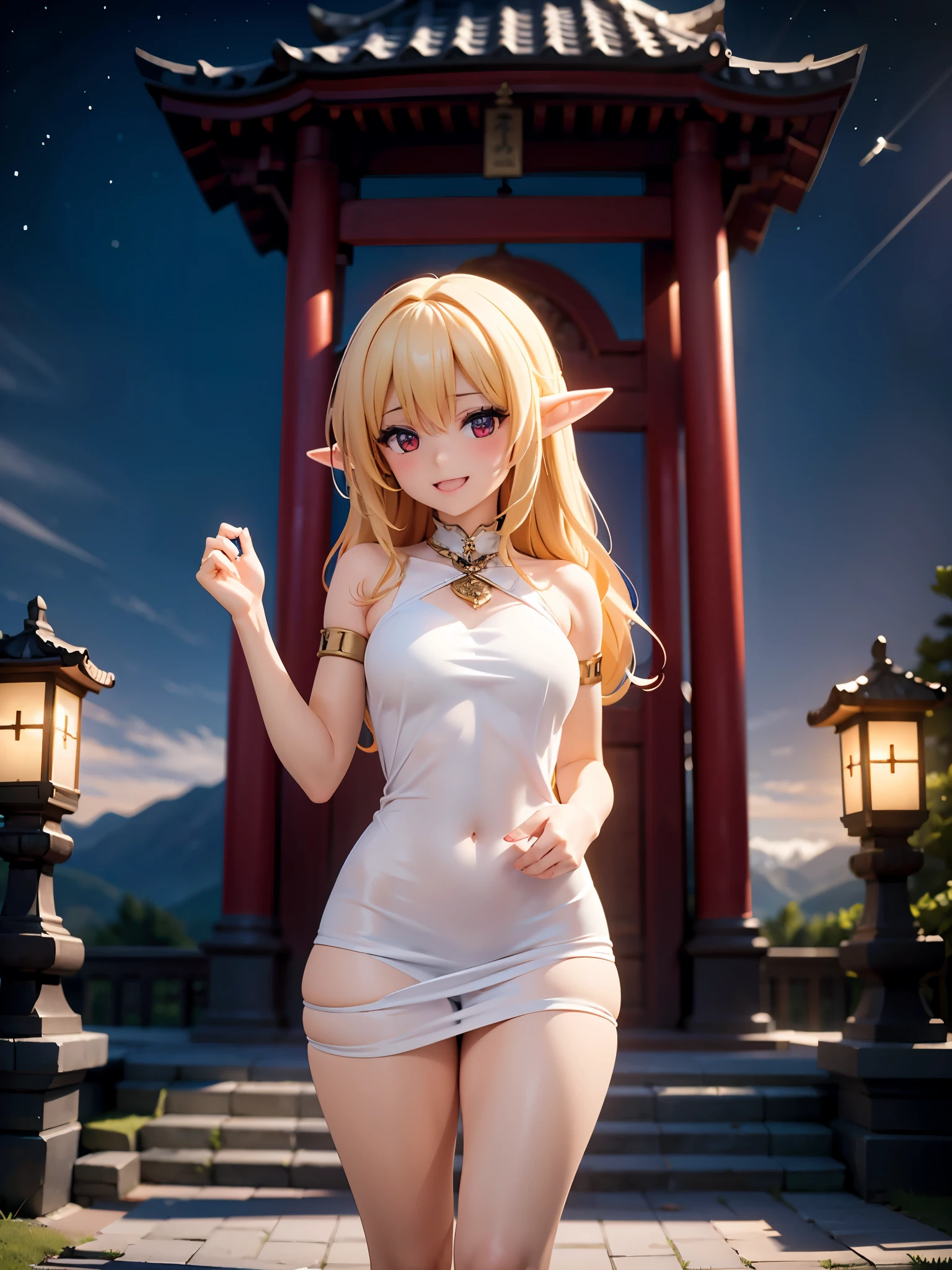 Detailed image of a beautiful elf laughing seductively, Wearing a transparent baggy dress. Looking at the camera blushing. Long wavy loose blonde hair, long thick eyelashes, Sharp seductive red eyes, Medium sized breasts, small waist, wide hips with beautiful thick thighs, large round buttocks, white skin. Night landscape of mountains, next to a temple. Volumetric lighting.